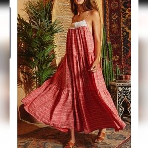 Bucket List Maxi Tiered Red/white Daisy Dress Size SMALL Made in USA